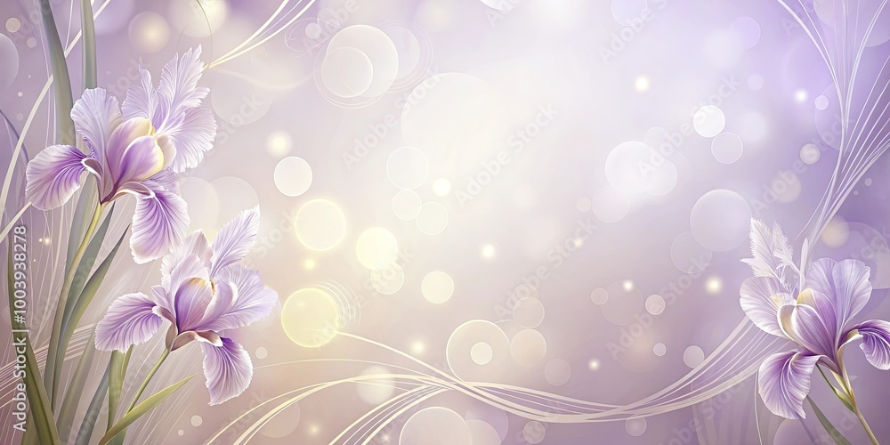 Delicate Purple Irises Adorned with Swirling Lines and Shimmering Bokeh on a Soft Lavender Background Delicate Purple Irises Adorned with Swirling Lines and Shimmering Bokeh on a Soft Lavender Background