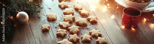 Delicious holiday cookies sprinkled with flour, surrounded by festive decorations, perfect for celebrating Christmas spirit.