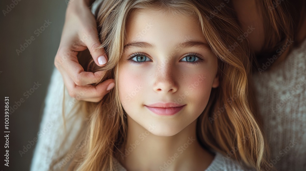 Portrait of a young girl with beautiful hair and bright blue eyes. Portrait of a young girl with beautiful hair and bright blue eyes.