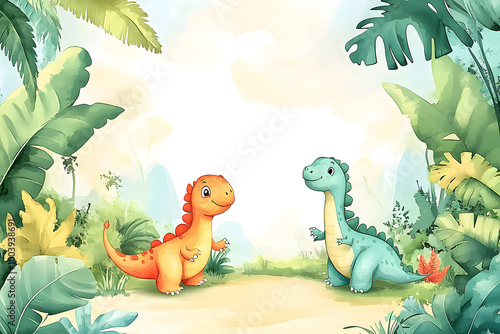 Fototapeta Naklejka Na Ścianę i Meble -  Cute cartoon dinosaur frame border on background in watercolor style.