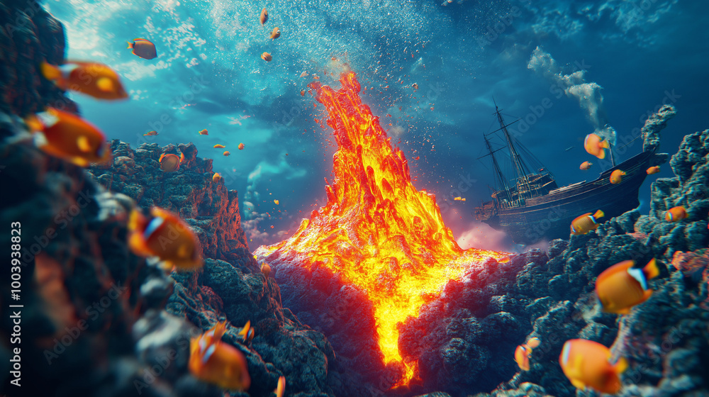 A underwater volcano erupting, with molten lava mixing with the ocean, colorful fish swimming through the bubbles, and a distant shipwreck in the background A underwater volcano erupting, with molten lava mixing with the ocean, colorful fish swimming through the bubbles, and a distant shipwreck in the background