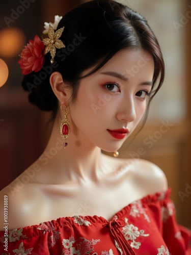 A beautiful woman in a red off-the-shoulder dress, gold hairpin, earrings, and flowers in her hair, smiling in candlelight, upper body shot with soft studio lighting