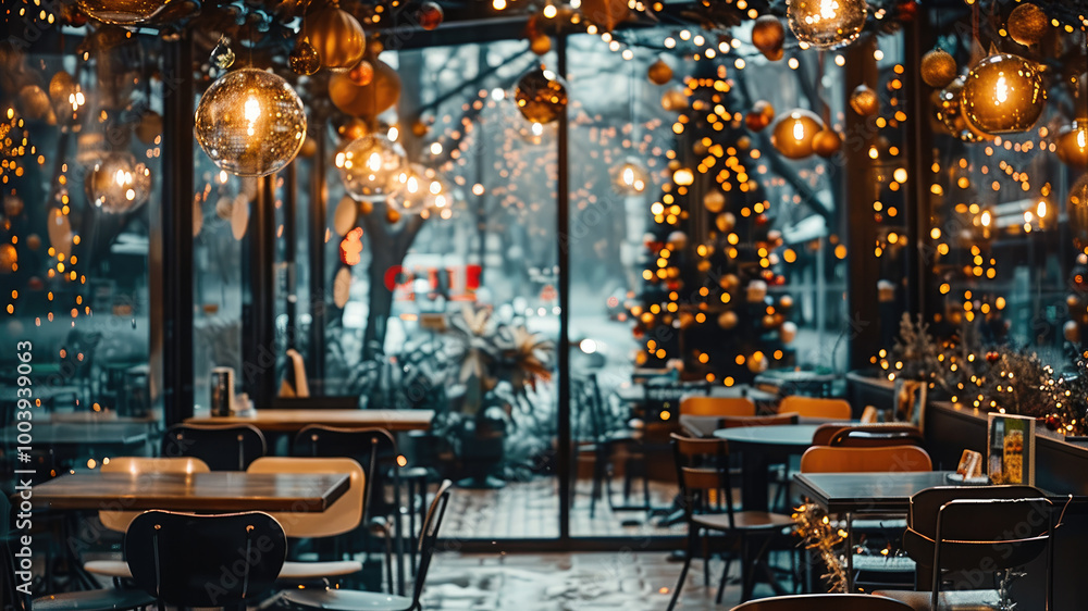 A cozy Christmas cafe, with garlands all around. Inside, there are black tables and white comfortable chairs, which creates a welcoming, festive atmosphere. transparent round glass chandeliers hang. A cozy Christmas cafe, with garlands all around. Inside, there are black tables and white comfortable chairs, which creates a welcoming, festive atmosphere. transparent round glass chandeliers hang.