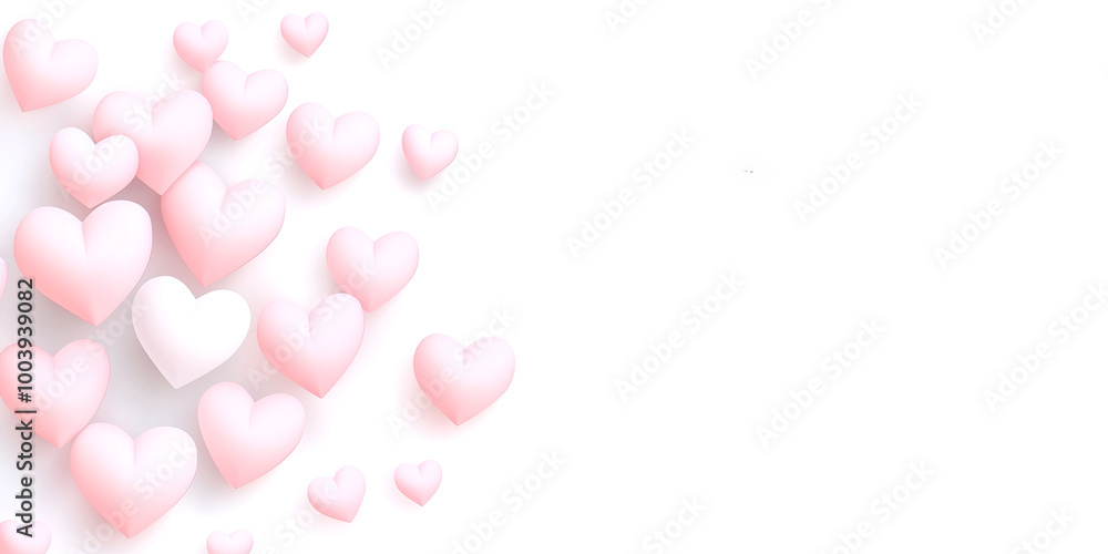 A white background with pink hearts scattered around it. The hearts are of different sizes and are placed in various positions. Concept of love and affection A white background with pink hearts scattered around it. The hearts are of different sizes and are placed in various positions. Concept of love and affection