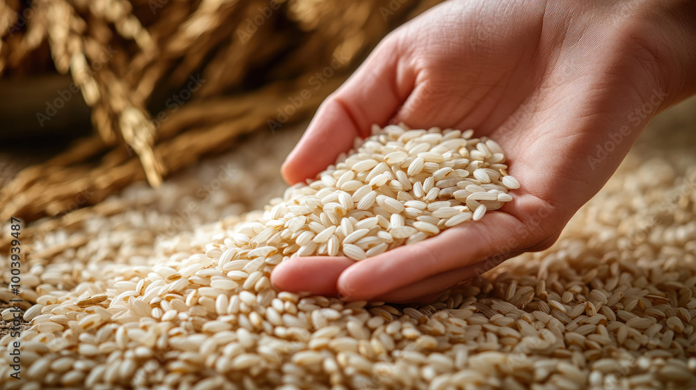 A hand is holding a handful of rice. The rice is white and is scattered on the ground A hand is holding a handful of rice. The rice is white and is scattered on the ground