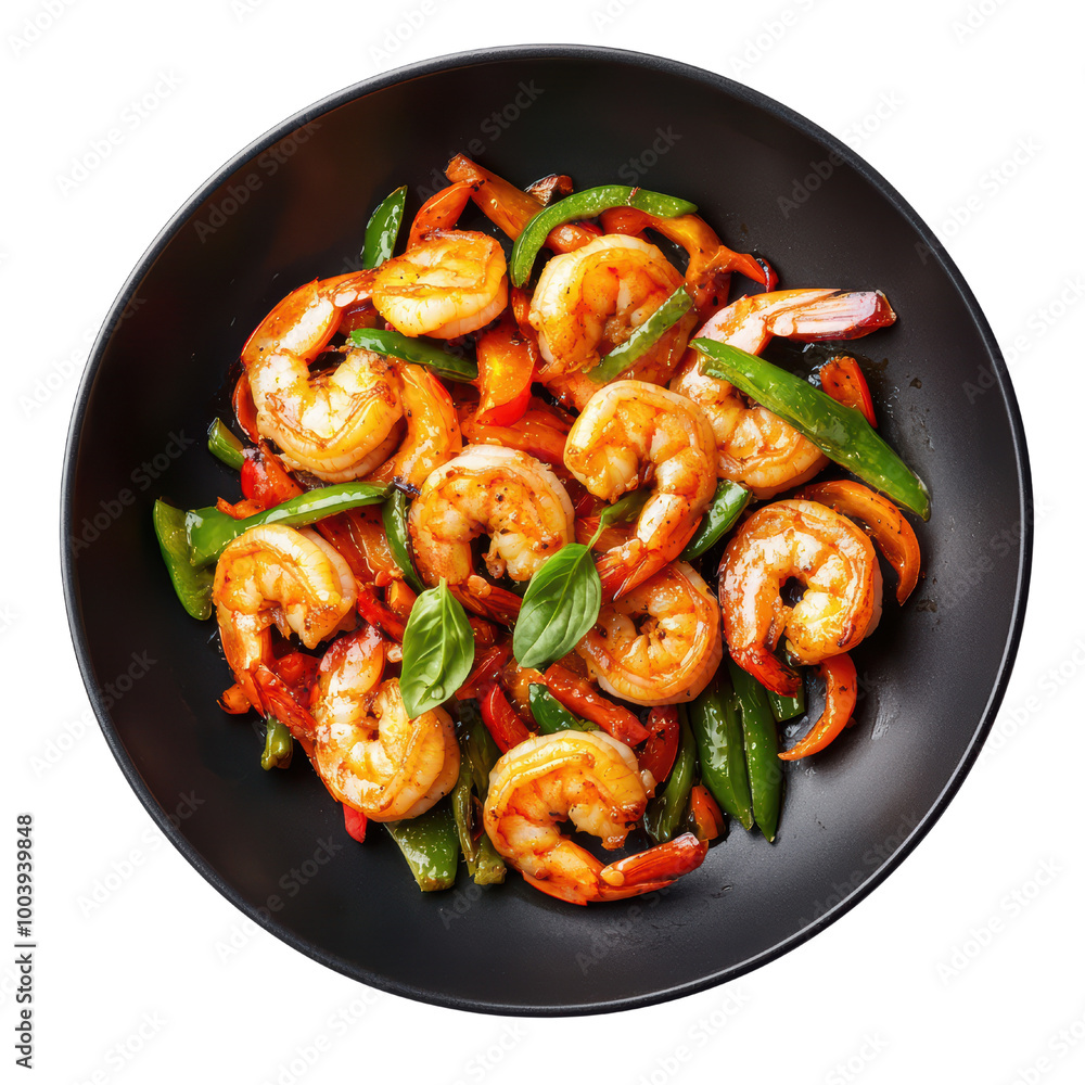 Delicious shrimp stir-fry with colorful vegetables on a black dish. transparent background Delicious shrimp stir-fry with colorful vegetables on a black dish. transparent background