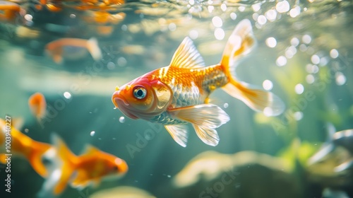 Beautiful Colorful Goldfish Swimming in Aquarium with Underwater Nature Reflection