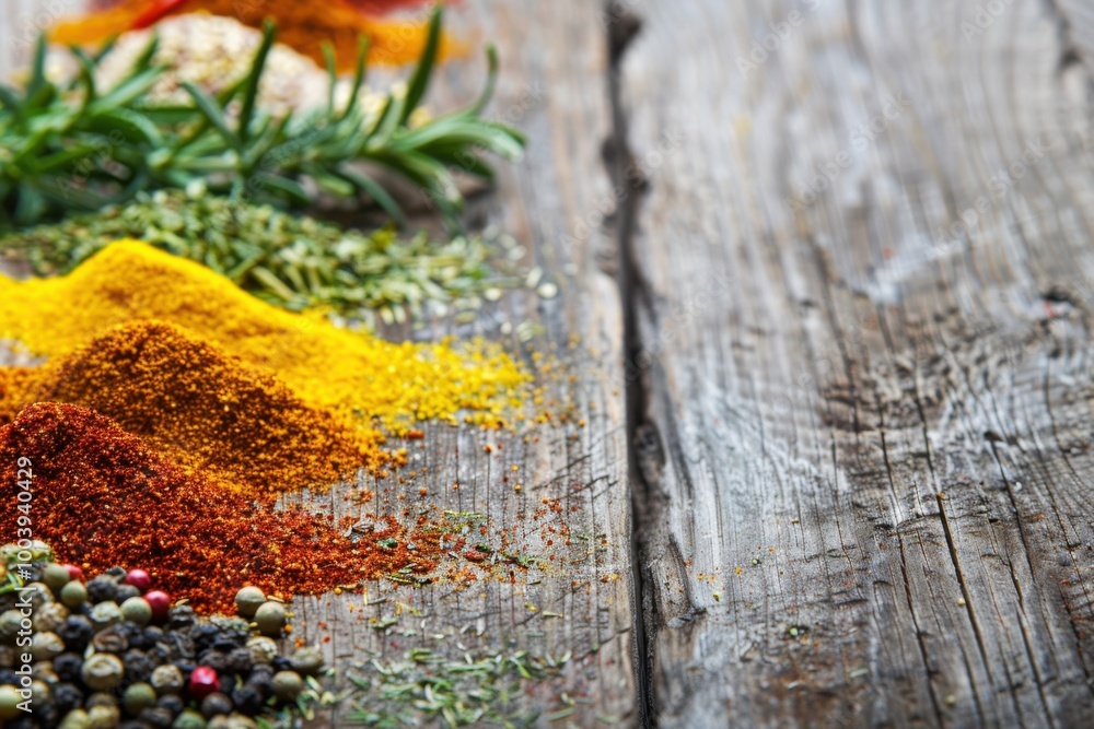 Fototapeta premium Gourmet Spices on Rustic Wooden Table: Culinary Photography for Organic Food Styling and Kitchen Decor Ideas