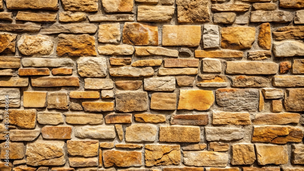 Fototapeta premium A close-up view of a stone wall constructed with irregularly shaped and sized blocks, showcasing a rustic and textured surface with a warm, earthy tone.