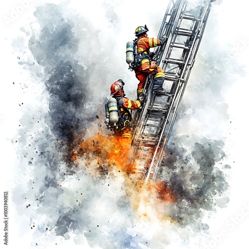 Firefighters Climbing Ladder in Watercolor Style.