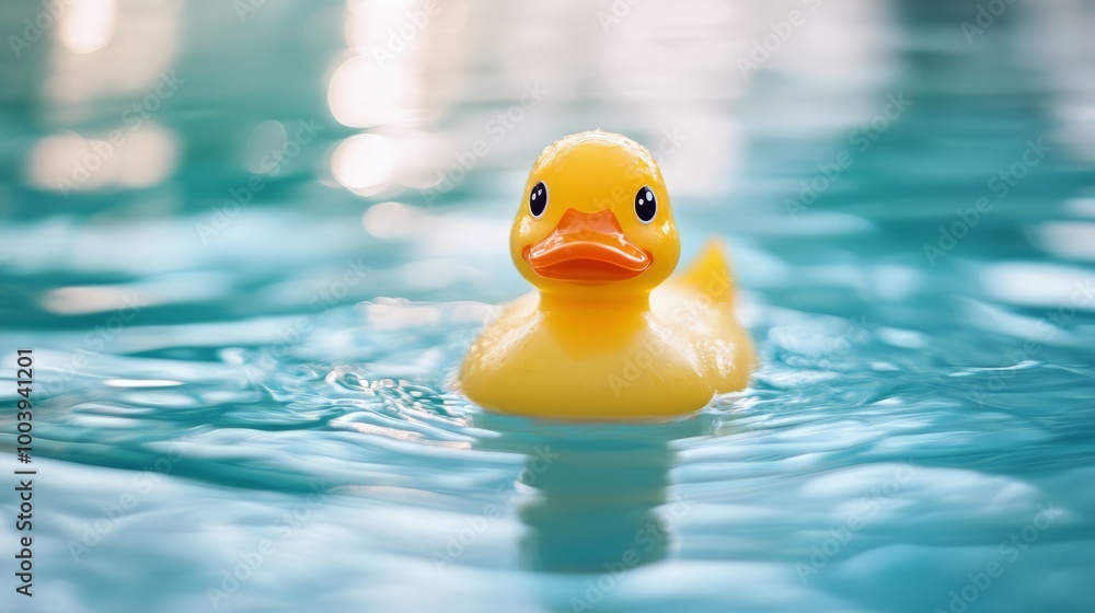 Cute Yellow Rubber Duck Swimming in Turquoise Water Cute Yellow Rubber Duck Swimming in Turquoise Water