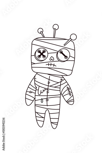 Cute mummy doll. Halloween outline coloring page. Hand-drawn voodoo doll with button eyes and needles. Vector illustration on a white background.