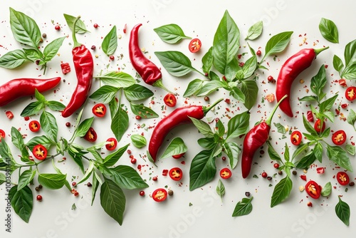 Chili pepper and half slices suspended in the air with green leaves. Generative AI photo