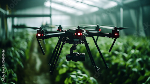  An industrial drone monitoring crop health in a large farm. 