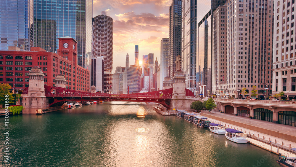 Chicago, Illinois, USA. Cityscape image of Chicago downtown skyline at beautiful autumn sunrise.