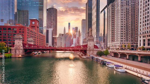 Obraz na płótnie Chicago, Illinois, USA. Cityscape image of Chicago downtown skyline at beautiful autumn sunrise. w salonie