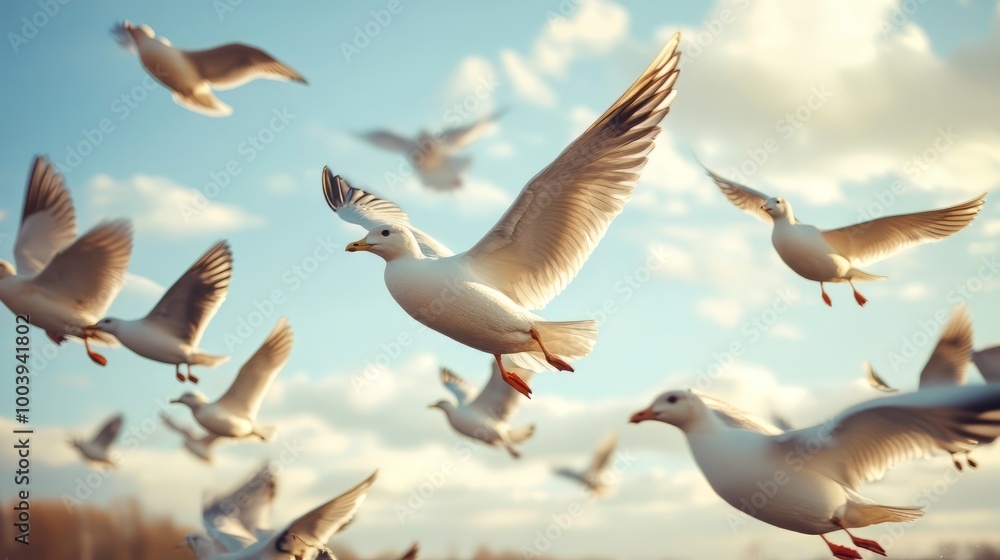 Obraz premium Flock of Birds Soaring in Peaceful Cloudscape