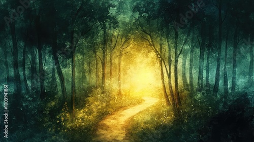 A mystical forest pathway illuminated by soft golden light, offering a serene escape into nature's enchanting beauty.