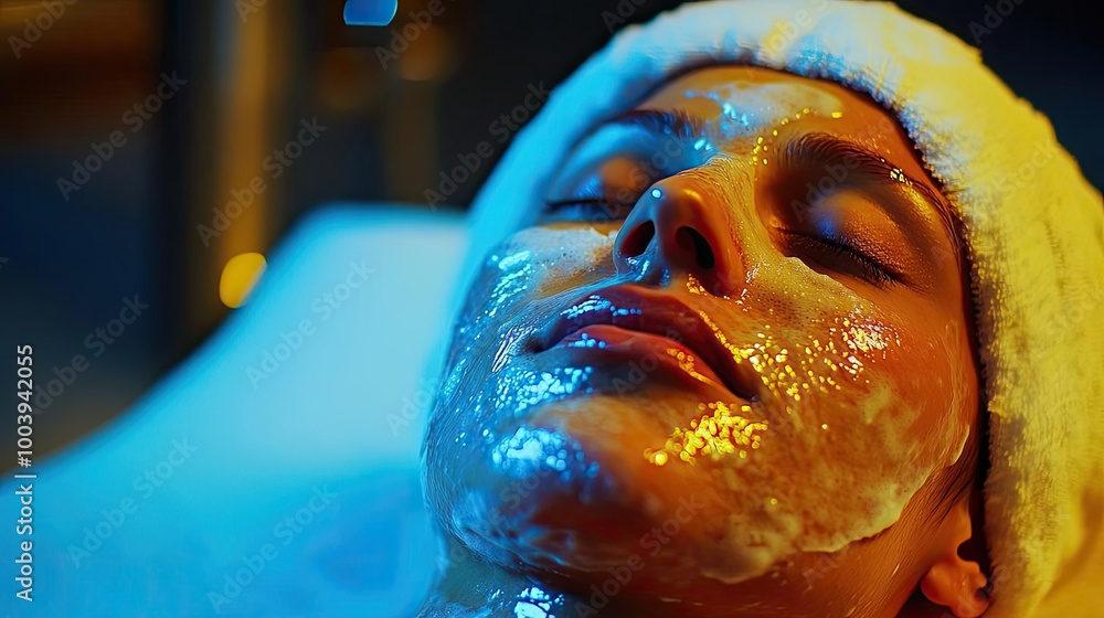 Fototapeta premium A woman enjoys a relaxing facial treatment with moisturizing cream, capturing a serene moment in a spa setting.