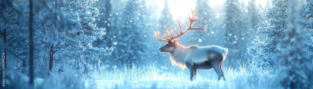 A serene winter scene featuring a majestic reindeer in a snowy forest, illuminated by soft, ethereal light. A serene winter scene featuring a majestic reindeer in a snowy forest, illuminated by soft, ethereal light.