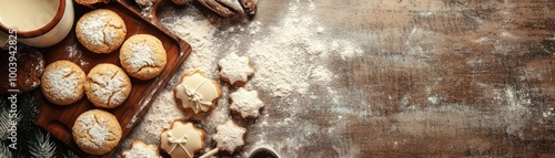 Delicious cookies on a wooden table, surrounded by flour, milk, and festive decorations, perfect for holiday celebrations.