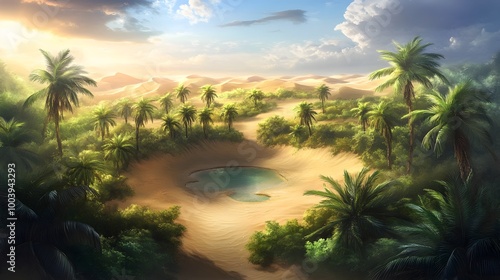Wallpaper Mural Vast Fantasy Desert Landscape with Lush Oasis and Palm Trees in Warm Scenic Sunset Atmosphere Torontodigital.ca