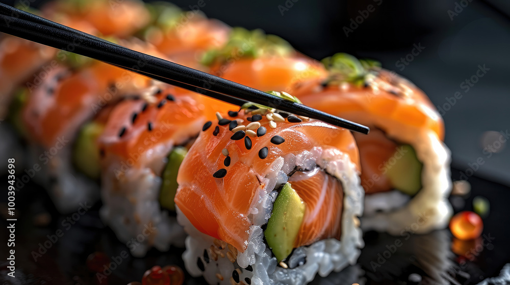 Sushi rolls with salmon and avocado on a black background. chopsticks to pick up one piece from the others. Sushi rolls with salmon and avocado on a black background. chopsticks to pick up one piece from the others.