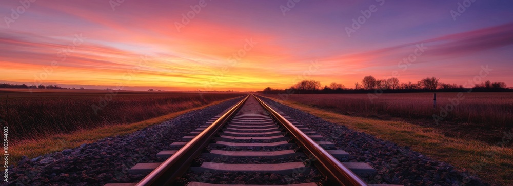 A single set of train tracks stretching into the distance with a colorful sunset in the background. A single set of train tracks stretching into the distance with a colorful sunset in the background.