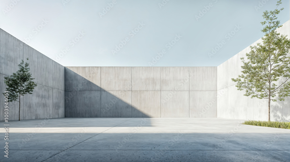 Minimalist concrete courtyard with two trees casting shadows on a sunny day Minimalist concrete courtyard with two trees casting shadows on a sunny day