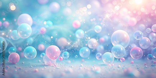 Dreamy pastel colored bubbles floating in a magical atmosphere with soft lights and glittering particles.