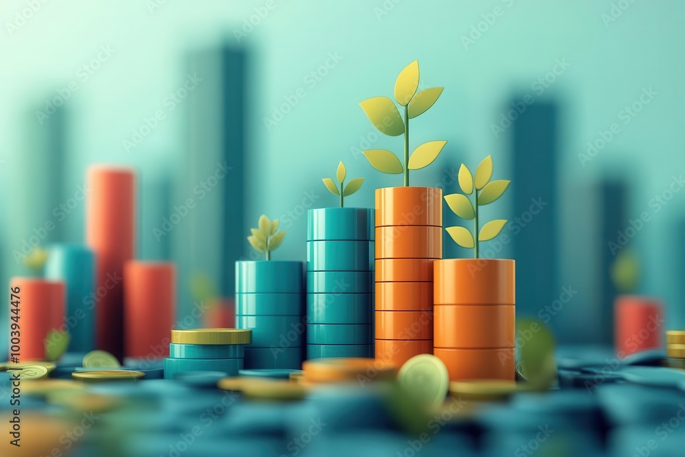 Economic growth through financial innovation flat design, side view, investment trends theme, 3D render, Triadic color scheme Economic growth through financial innovation flat design, side view, investment trends theme, 3D render, Triadic color scheme