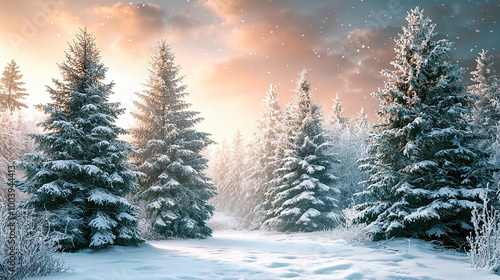 winter forest in the snow golden sun rise background