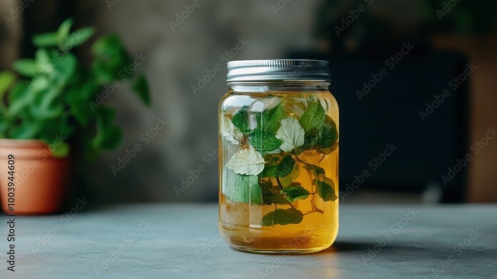 Refreshing infused drink with mint leaves in a glass jar on a stylish table. Refreshing infused drink with mint leaves in a glass jar on a stylish table.