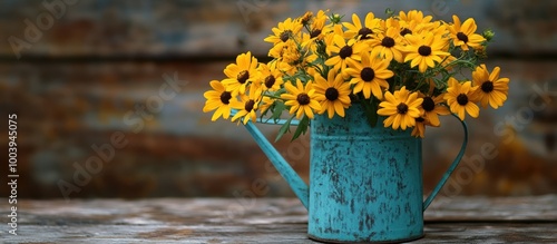 A bouquet of yellow flowers in a rustic blue watering can on a wooden table.