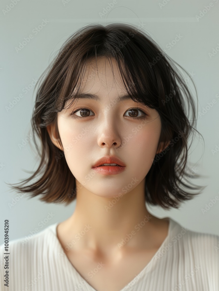 Beautiful Korean woman in her 20s with short, chin-length hair, staring straight at the camera with a neutral, expressionless face. Beautiful Korean woman in her 20s with short, chin-length hair, staring straight at the camera with a neutral, expressionless face.
