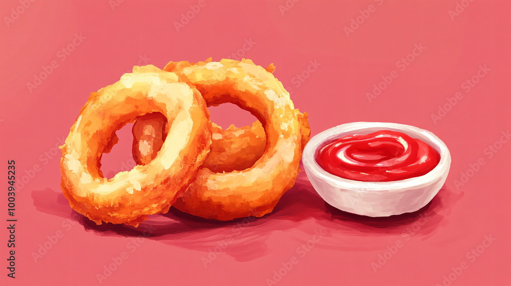 Fototapeta premium An illustration of a set of crispy onion rings with a side of ketchup.