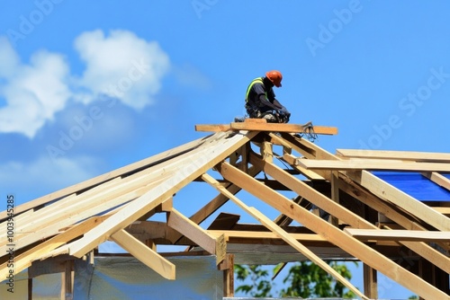 Carpenter working on roof structure at construction site worker roofer wood.