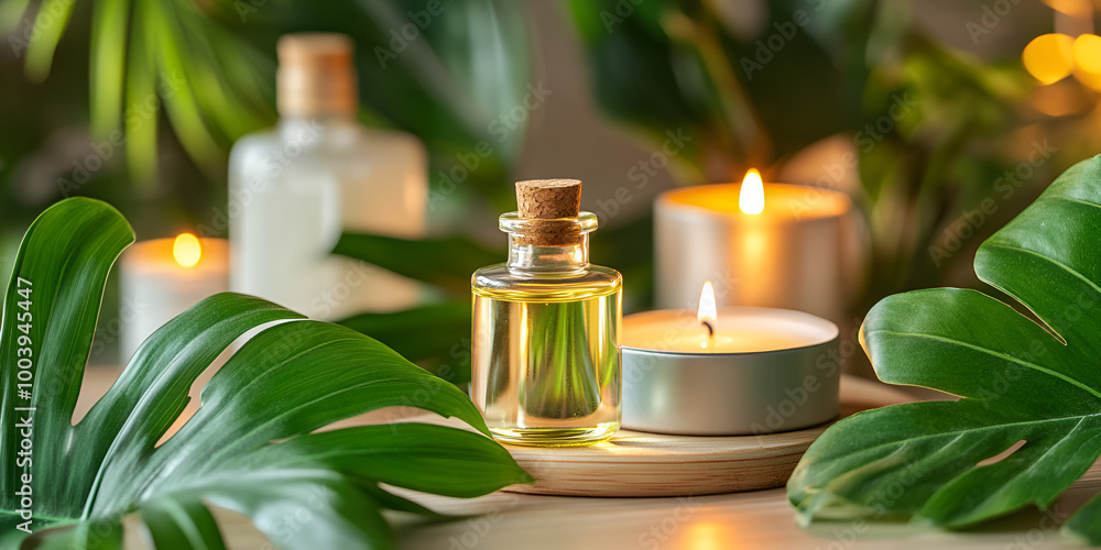 Spa Tranquility: Candles and Oils Amid Tropical Leaves Spa Tranquility: Candles and Oils Amid Tropical Leaves