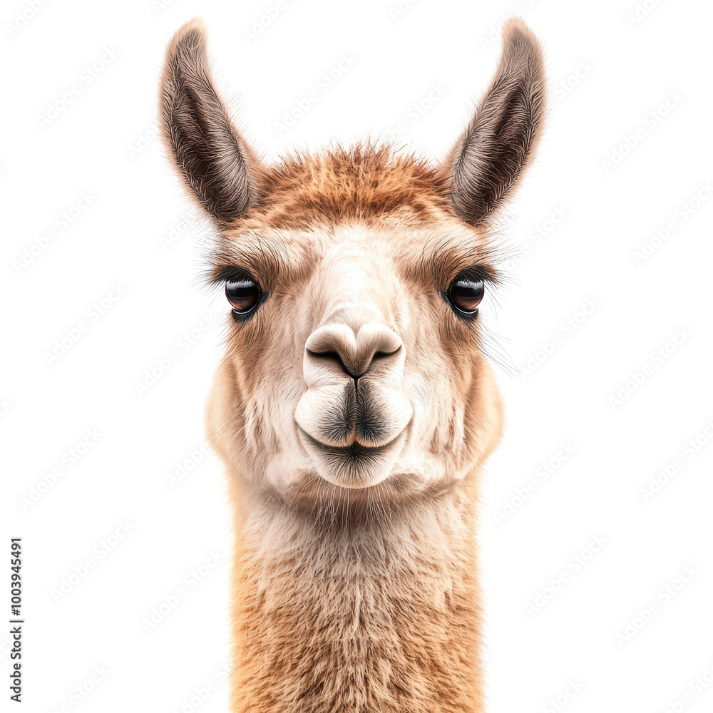 Fototapeta premium Llama portrait with a friendly expression, white isolated background. transparent background