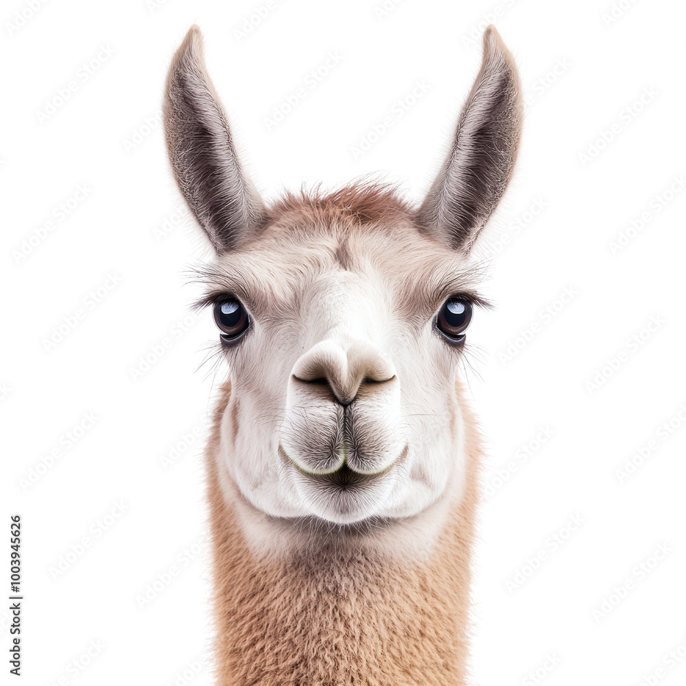 Fototapeta premium Llama portrait with a friendly expression, white isolated background. transparent background