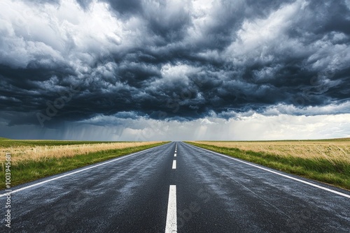 Highway stretching into the vast, rural landscape under a dramatic sky, with fluffy clouds casting long shadows on the empty asphalt