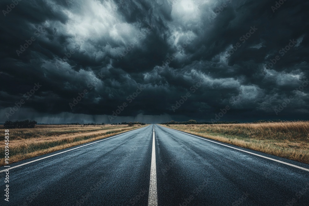 Naklejka premium Highway stretching into the vast, rural landscape under a dramatic sky, with fluffy clouds casting long shadows on the empty asphalt
