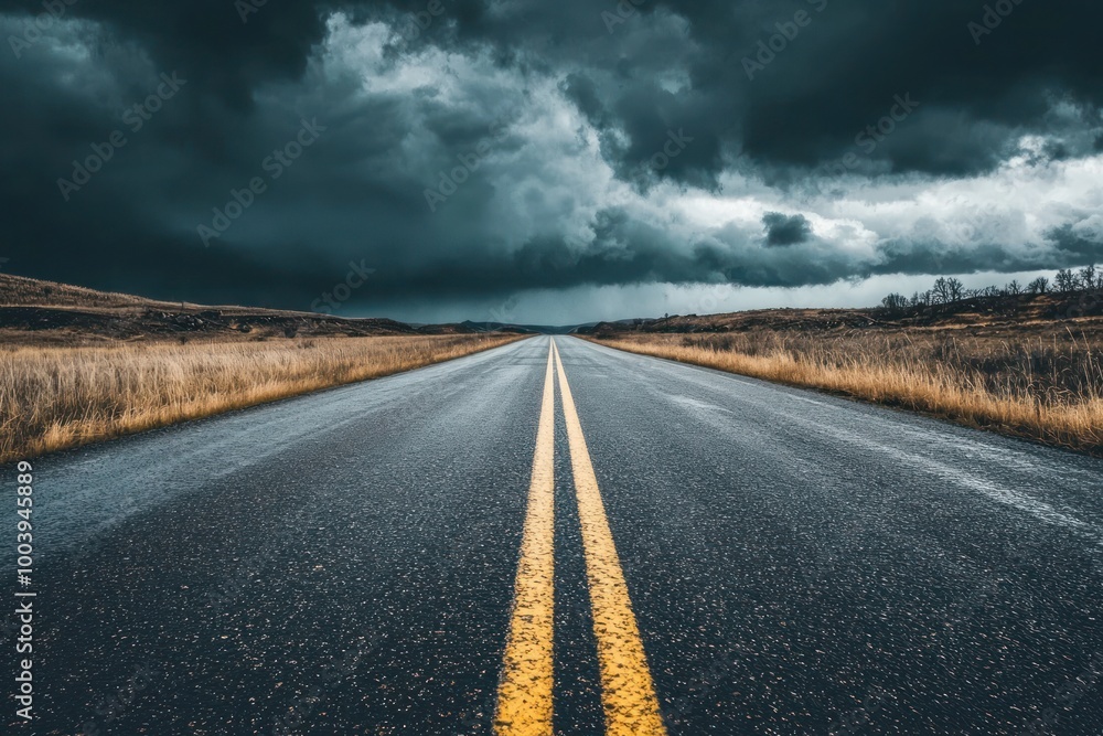 Naklejka premium Highway stretching into the vast, rural landscape under a dramatic sky, with fluffy clouds casting long shadows on the empty asphalt