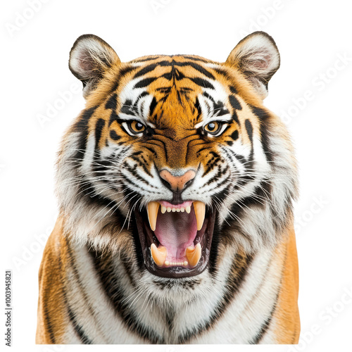 Majestic tiger roaring, showcasing fierce expression and detailed fur. transparent background