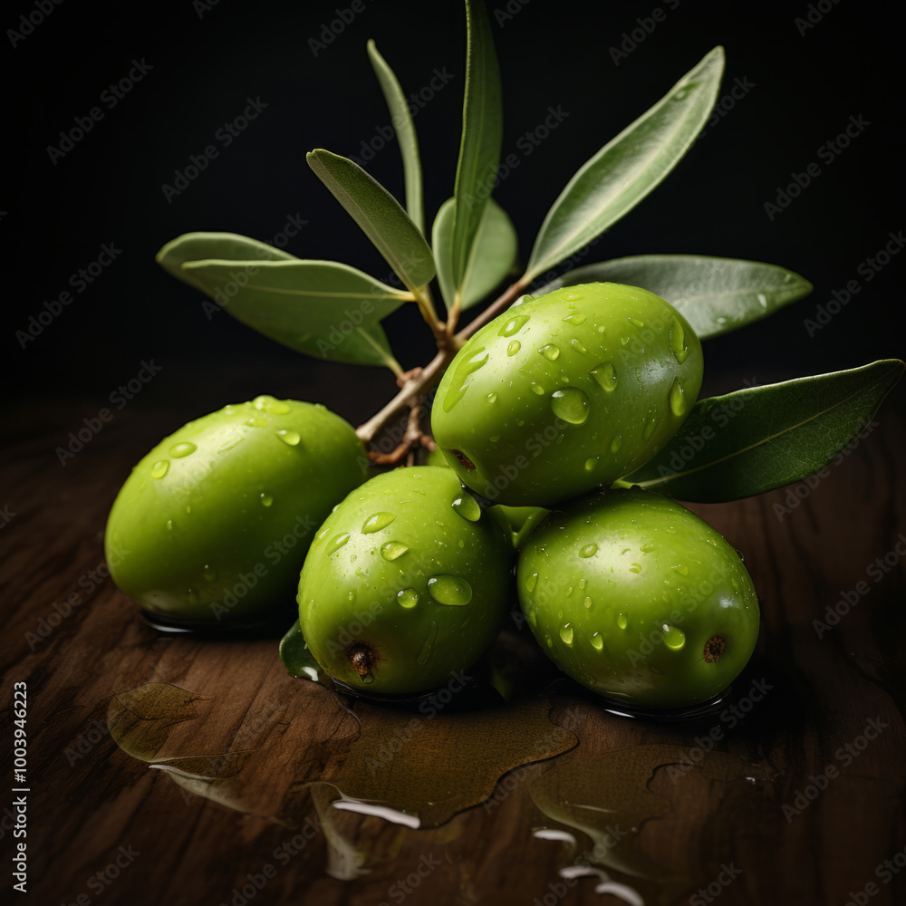 Obraz premium Green Olives with Leaves, Olive Stock Image