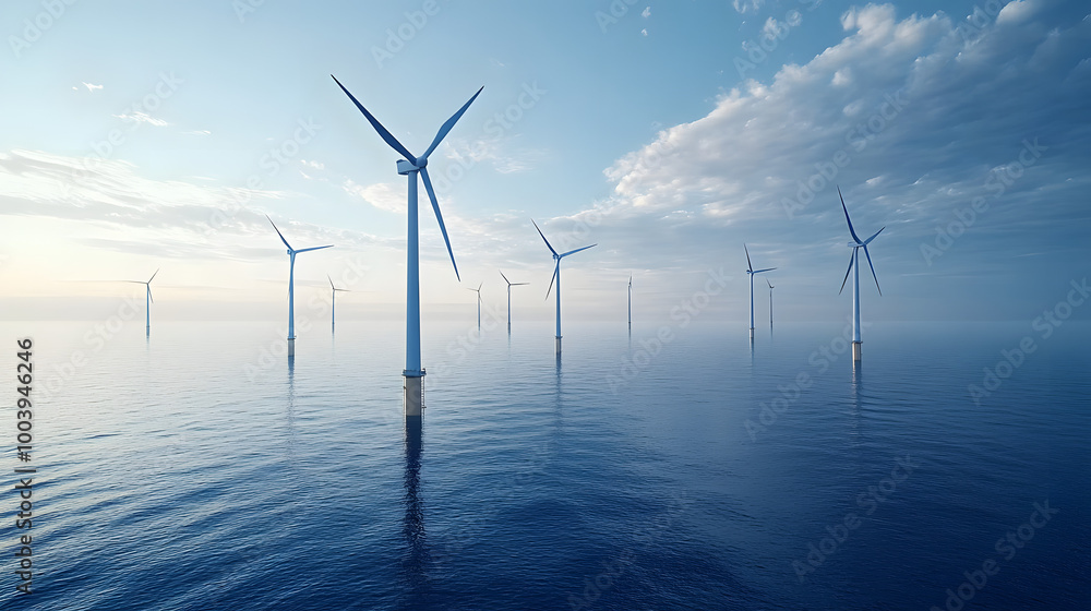 Row of offshore wind turbines standing in the calm ocean under a partly cloudy sky, producing renewable energy efficiently. Row of offshore wind turbines standing in the calm ocean under a partly cloudy sky, producing renewable energy efficiently.