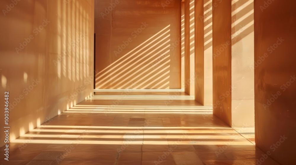 Fototapeta premium The image shows a minimalist, warm-toned interior space with strong shadows creating geometric patterns