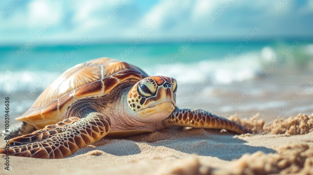 Obraz premium Tranquil Green Sea Turtle Resting on Tropical Beach