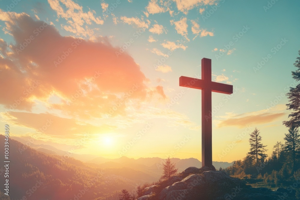 Sunset cross on mountain peak Sunset cross on mountain peak
