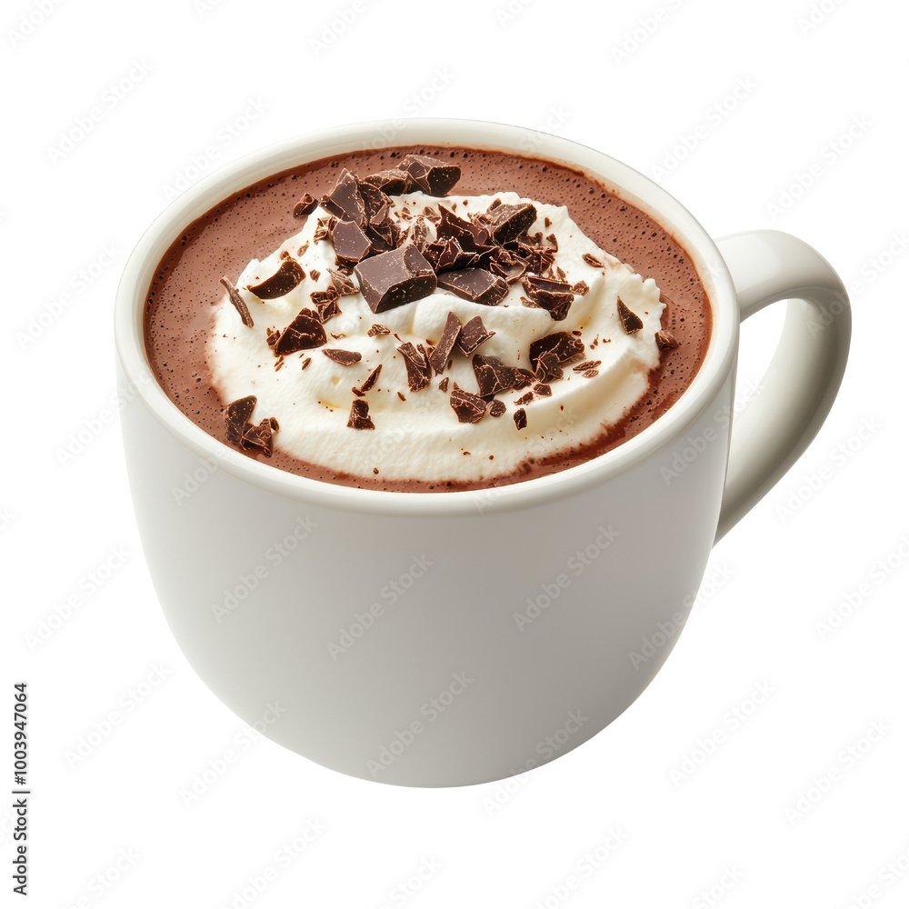 Rich hot chocolate topped with whipped cream and chocolate shavings. transparent background Rich hot chocolate topped with whipped cream and chocolate shavings. transparent background